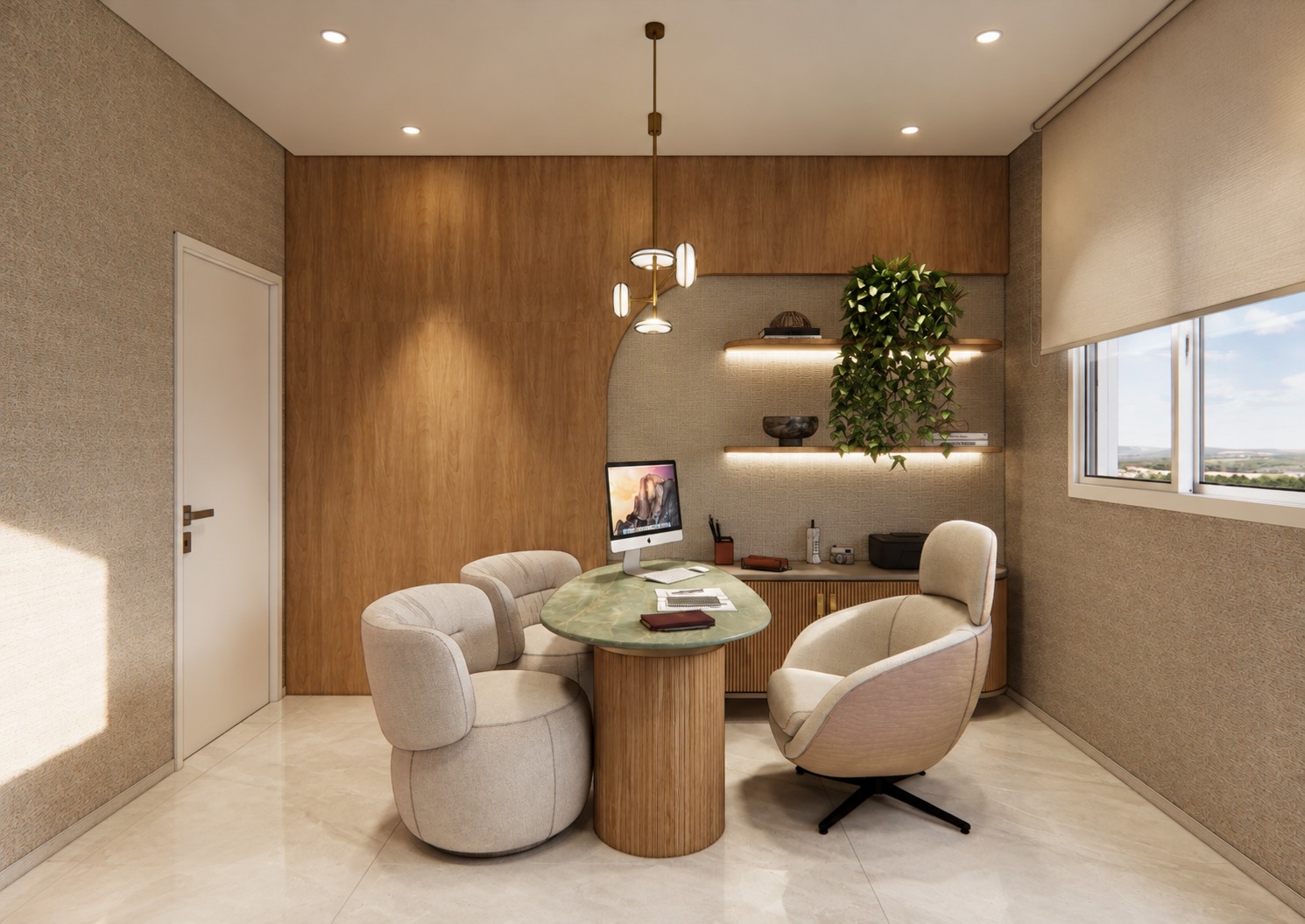 Consultório com mesa de pedra verde, poltronas e prateleiras iluminadas