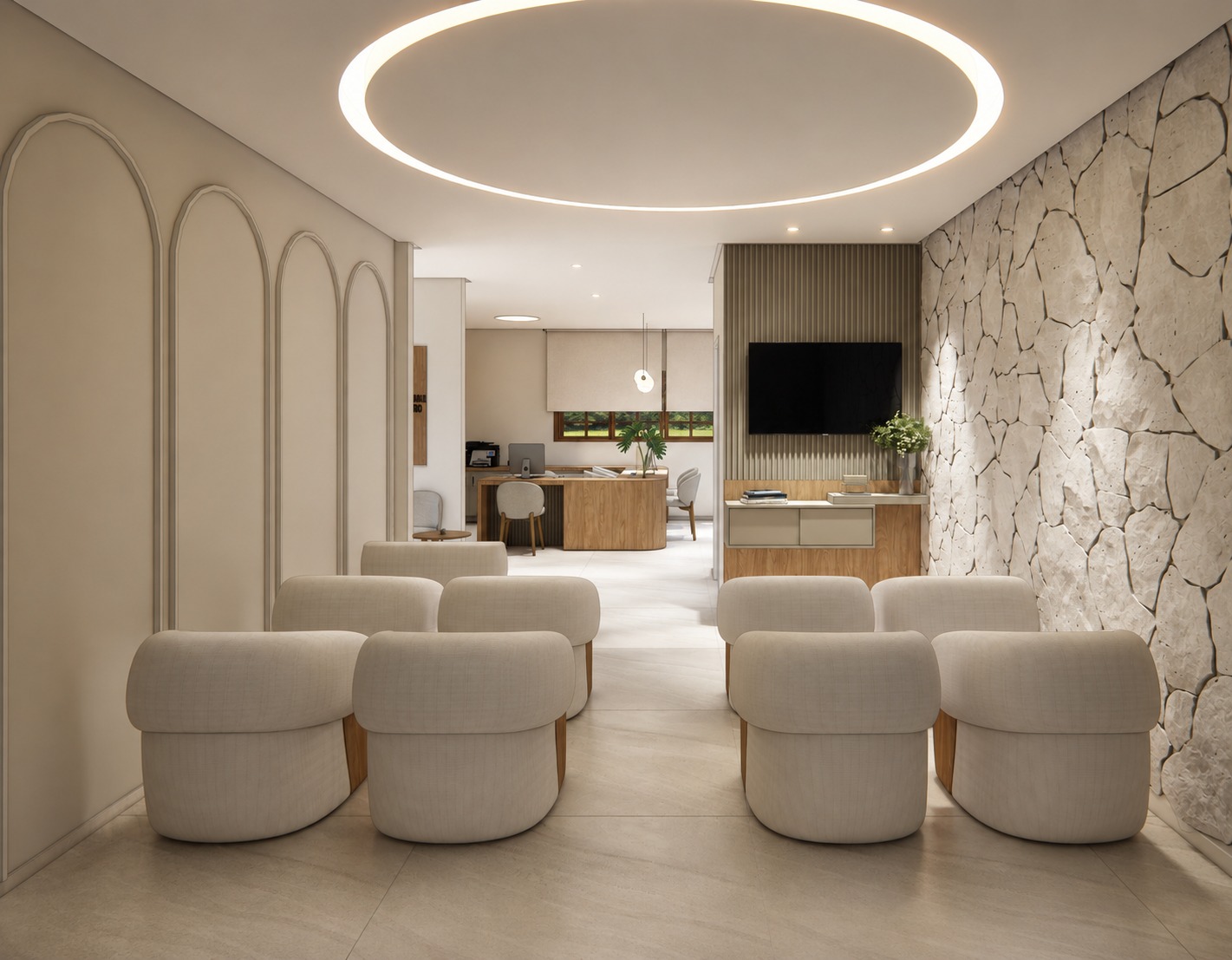 Estar dos pacientes com parede de pedra e iluminação circular