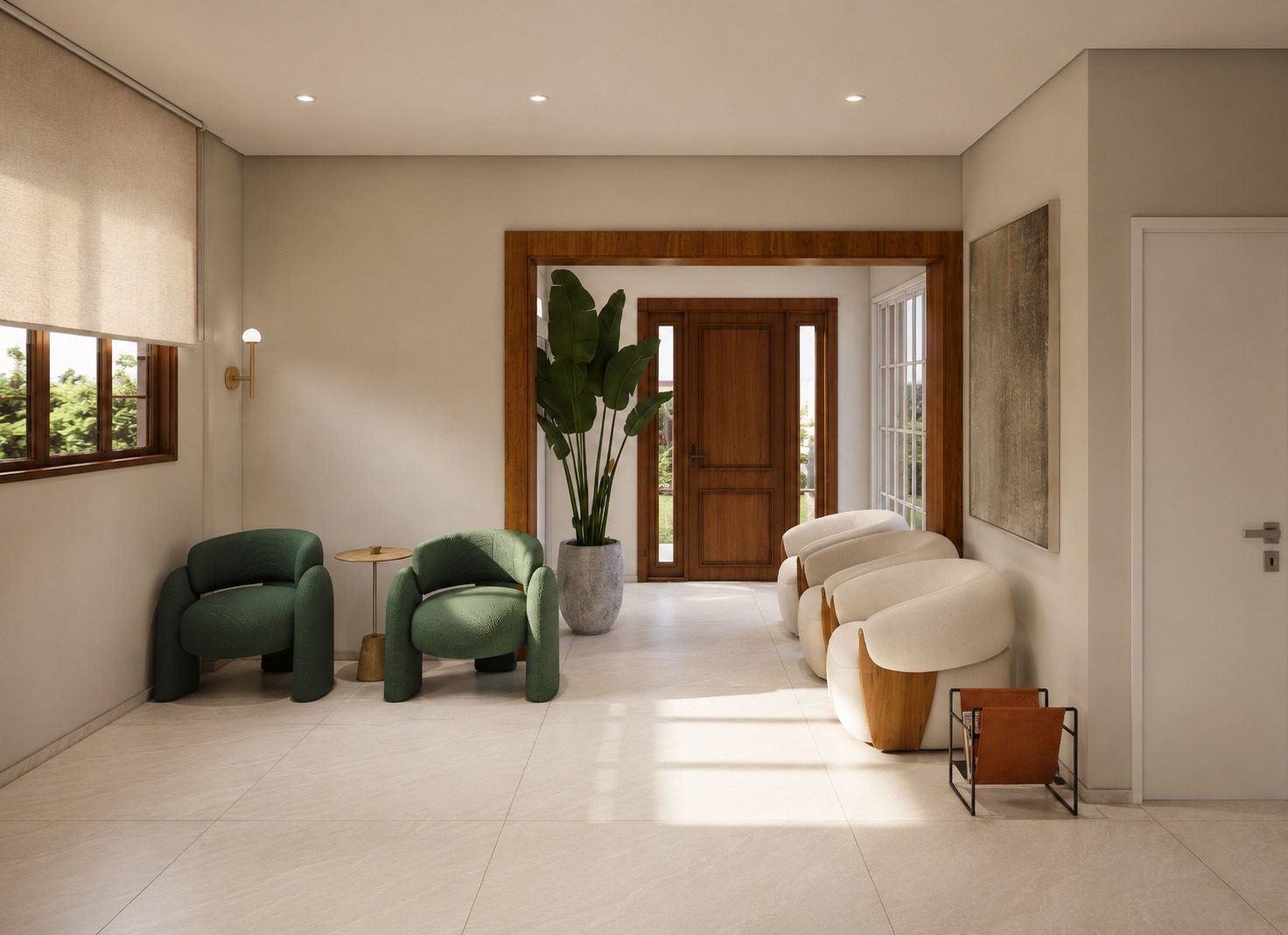 Hall de entrada da clínica, com porta de madeira, poltronas verdes e sofá creme